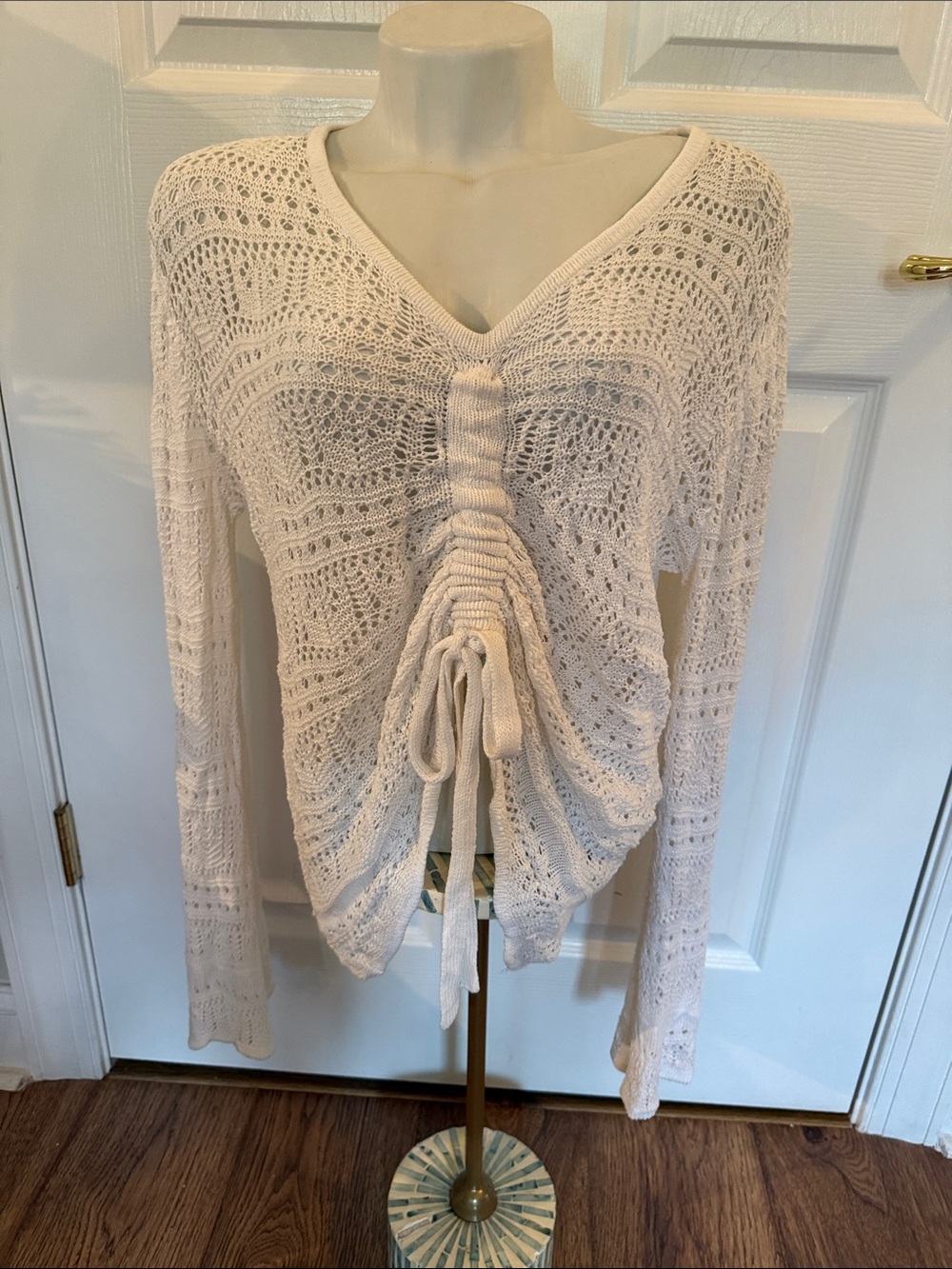 Off White Crochet Tie-Front V-Neck Summer Sweater Cover Up Beach